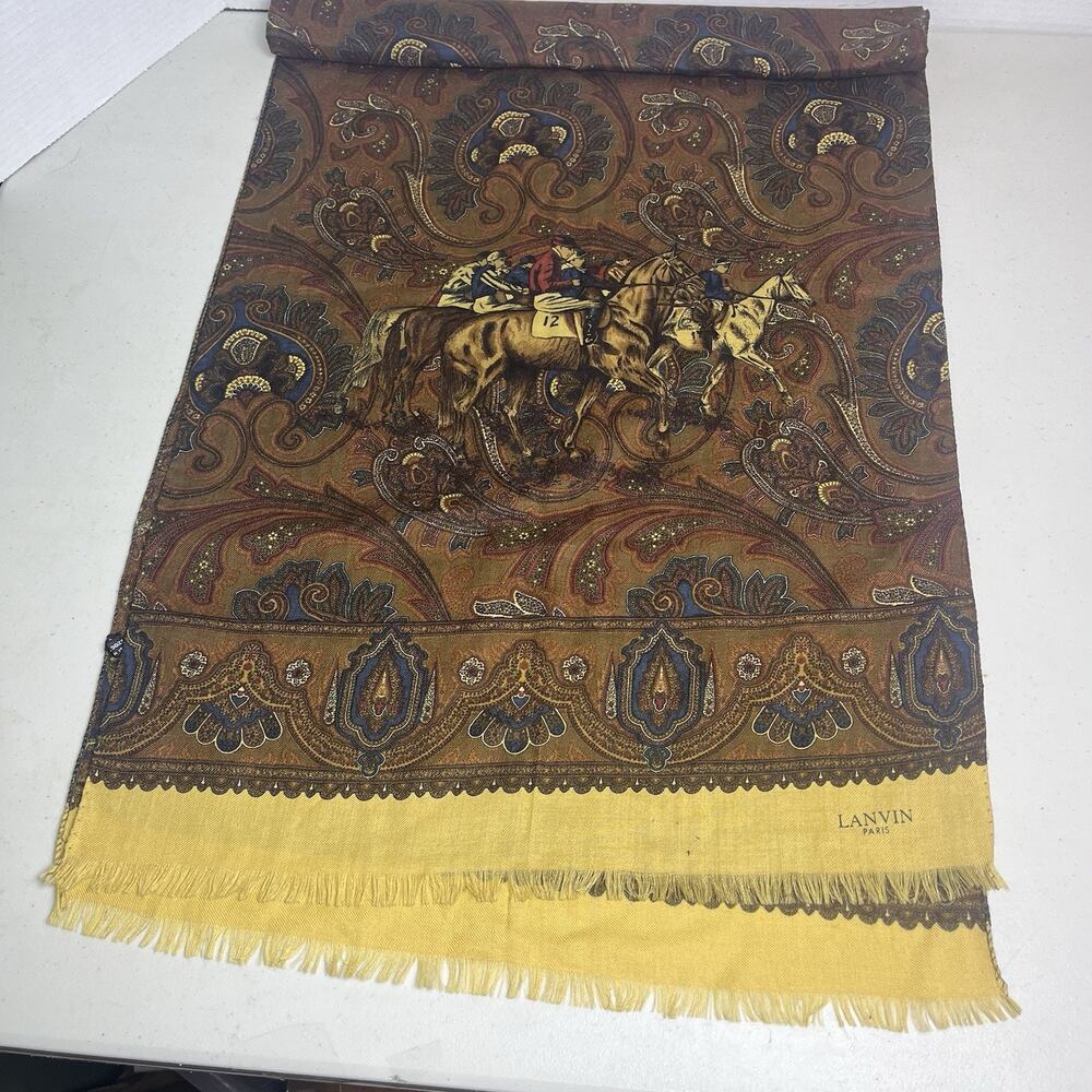 Lanvin Paris Wool Silk Scarf Equestrian Horse Paisley Wool & Silk Italy 19x62 - Picture 8 of 14
